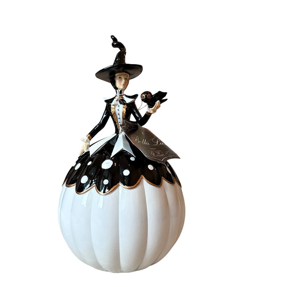 Bella Lux Halloween Witch Pumpkin Figurine 10in Resin Black White Owl NEW
